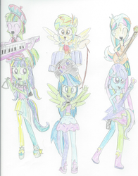 Size: 1690x2161 | Tagged: safe, artist:berrypunchrules, blueberry cake, cherry crash, drama letter, mystery mint, starlight, tennis match, watermelody, equestria girls, g4, my little pony equestria girls: rainbow rocks, alternate clothes, background human, band, drums, guitar, keytar, microphone, musical instrument, ponied up, pony ears, traditional art, triangle, wings