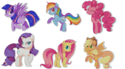 Size: 1800x1000 | Tagged: dead source, safe, artist:loyaldis, applejack, fluttershy, pinkie pie, rainbow dash, rarity, twilight sparkle, earth pony, pegasus, pony, unicorn, g4, earth pony rainbow dash, earth pony rarity, flapplejack, hilarious in hindsight, mane six, pegasus twilight sparkle, race swap, unicorn fluttershy, unicorn pinkie pie