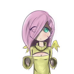 Size: 1566x1566 | Tagged: safe, artist:burnoid096, fluttershy, earth pony, human, g4, boob window, clothes, female, hair over one eye, humanized, keyhole turtleneck, looking at you, open-chest sweater, solo, sweater, sweatershy, turtleneck, winged humanization