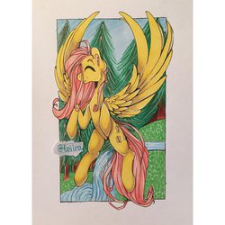 Size: 1024x1024 | Tagged: safe, artist:toiira, fluttershy, g4, eyes closed, female, solo, spread wings, traditional art