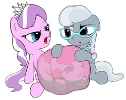 Size: 1010x803 | Tagged: safe, artist:augustbebel, diamond tiara, silver spoon, twist, earth pony, pony, g4, belly, blank flank, endosoma, female, fetish, filly, filly pred, filly prey, foal, internal, lip bite, open mouth, stomach acid, vore, x-ray