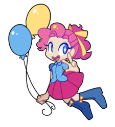 Size: 628x697 | Tagged: safe, artist:looji, pinkie pie, human, g4, balloon, boots, chibi, clothes, cute, female, heart eyes, humanized, looking at you, peace sign, shoes, simple background, skirt, solo, transparent background, wingding eyes