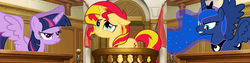 Size: 2304x576 | Tagged: safe, princess luna, sunset shimmer, twilight sparkle, alicorn, pony, unicorn, g4, ace attorney, courtroom, female, mare, trial, twilight sparkle (alicorn)