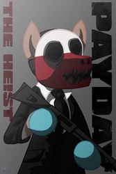 Size: 3000x4500 | Tagged: safe, artist:template93, clothes, crossover, gloves, gray background, gun, mask, necktie, patreon, payday, payday the heist, ponified, reinbeck, shotgun, simple background, solo, suit, weapon, wolf (payday)