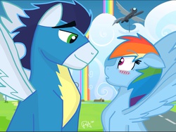 Size: 1886x1422 | Tagged: safe, artist:pimpartist101, rainbow dash, soarin', pony, g4, blushing, crush, cute, duo, female, male, nervous, ship:soarindash, shipping, straight, wingboner, wonderbolts uniform