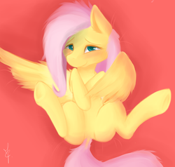 Size: 2000x1900 | Tagged: safe, artist:immistchaser, fluttershy, g4, bedroom eyes, blushing, cute, dock, featureless crotch, female, fluffy, legs in air, looking at you, on back, shyabetes, smiling, solo, spread legs, spread wings, spreading, stupid sexy fluttershy, underhoof