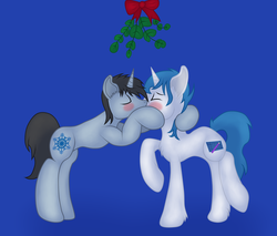 Size: 2568x2193 | Tagged: safe, artist:frost stormwind, artist:frostyb, oc, oc only, oc:frost bright, oc:frost stormwind, blushing, christmas, cute, gay, high res, kissing, male