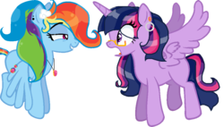 Size: 1050x596 | Tagged: safe, artist:coloringwolf, rainbow dash, twilight sparkle, alicorn, pony, g4, alternate hairstyle, bedroom eyes, female, glasses, jewelry, mare, piercing, twilight sparkle (alicorn)