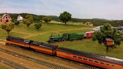 Size: 3264x1836 | Tagged: safe, barely pony related, barn, gs-4, irl, locomotive, morning daylight, photo, southern pacific, southern railroad, steam locomotive, sweet apple acres, train