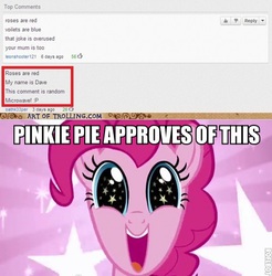 Size: 500x509 | Tagged: safe, pinkie pie, g4, image macro, meme, smiling, youtube, youtube comments