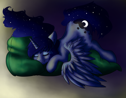 Size: 900x706 | Tagged: safe, artist:kira-minami, princess luna, g4, female, lying, pillow, sleeping, solo