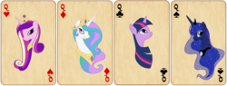 Size: 2500x950 | Tagged: safe, artist:virenth, princess cadance, princess celestia, princess luna, twilight sparkle, alicorn, pony, g4, alicorn tetrarchy, female, mare, playing card, twilight sparkle (alicorn)