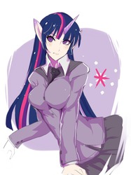 Size: 1280x1707 | Tagged: safe, artist:kumikoi, twilight sparkle, human, g4, big breasts, breasts, clothes, elf ears, female, horn, horned humanization, humanized, skirt, solo