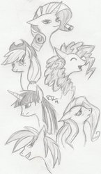 Size: 681x1172 | Tagged: safe, artist:radioactivedeadend, applejack, fluttershy, pinkie pie, rainbow dash, rarity, twilight sparkle, alicorn, pony, g4, female, mane six, mare, monochrome, sketch, traditional art, twilight sparkle (alicorn)