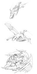 Size: 1000x2011 | Tagged: safe, artist:baron engel, oc, oc only, oc:sky brush, pegasus, pony, aerobatics, cloud, cloud sculpting, featureless crotch, flying, goggles, male, monochrome, pencil drawing, solo, stallion, traditional art, underhoof