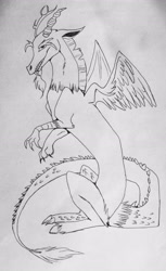 Size: 1913x3134 | Tagged: safe, artist:radioactivedeadend, discord, g4, male, monochrome, sketch, solo, traditional art