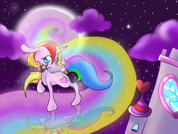 Size: 1400x1050 | Tagged: safe, artist:cotton, rarity (g3), pony, unicorn, g3, g4, castle, cloud, female, floppy ears, g3 to g4, generation leap, mare, mouth hold, night, night sky, rainbow, reflection, sky, turned head, wand