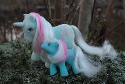 Size: 4272x2848 | Tagged: safe, artist:flicksi, baby fifi, fifi, earth pony, pony, unicorn, g1, baby, baby fifibetes, baby pony, child, cute, daughter, female, fifibetes, filly, first tooth pony, irl, mare, mother, mother and child, mother and daughter, photo, raised hoof, raised leg, smiling, so soft pony, toy