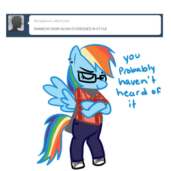 Size: 700x700 | Tagged: safe, rainbow dash, pegasus, pony, semi-anthro, g4, ask, bipedal, clothes, female, glasses, hipster, mare, simple background, solo, text, tumblr, white background