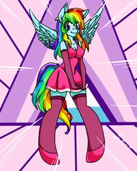 Size: 1024x1280 | Tagged: safe, artist:xizana, rainbow dash, anthro, g4, cleavage, clothes, dress, evening gloves, female, me!me!me!, parody, rainbow dash always dresses in style, solo, stockings