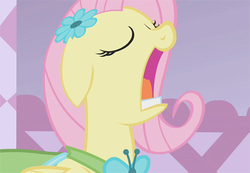 Size: 500x346 | Tagged: safe, screencap, fluttershy, pegasus, pony, g4, clothes, dress, eyes closed, female, gala dress, mare, open mouth, solo