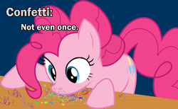 Size: 1817x1118 | Tagged: safe, pinkie pie, earth pony, pony, g4, blue background, confetti, cute, drugs, female, leaning, mare, simple background, sniffing, solo, table, wat