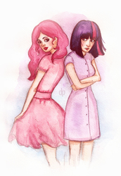 Size: 587x854 | Tagged: safe, artist:dual-personality, pinkie pie, twilight sparkle, human, g4, humanized, traditional art