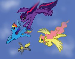 Size: 965x765 | Tagged: safe, artist:tielgar, derpy hooves, fluttershy, rainbow dash, twilight sparkle, alicorn, pony, g4, female, flying, mare, twilight sparkle (alicorn)