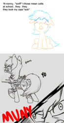 Size: 948x1807 | Tagged: safe, artist:brisineo, oc, oc only, oc:muny, pony, fallout equestria, butt, crying, derp, floppy ears, frown, gritted teeth, gun, implied hammers, looking up, money, mouth hold, muny, open mouth, plot, raider, raised hoof, rifle, sitting, weapon