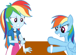 Size: 700x500 | Tagged: safe, artist:tiredbrony, rainbow dash, human, pegasus, pony, equestria girls, g4, animated, dangerous, don't try this at home, duo, female, five finger fillet, frown, funny, game, gif, grin, gritted teeth, hoof hold, human ponidox, knife, knife game, mare, nervous, photoshop, scared, self ponidox, simple background, smirk, stabbing, table, this will end in losing body parts, this will end in pain, this will end in tears, this will end in the hospital, this will not end well, transparent background, unfair, wide eyes