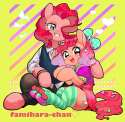 Size: 2360x2300 | Tagged: safe, artist:hotomura, pinkie pie, ask harajukupinkiepie, g4, alternate hairstyle, clothes, duality, famihara, female, high res, pixiv, self ponidox, smiling, socks, solo, striped socks