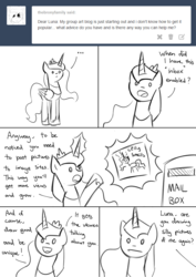 Size: 1157x1637 | Tagged: safe, artist:lovelyneckbeard, princess luna, g4, ask, comic, dialogue, female, monochrome, sketch, solo, tumblr