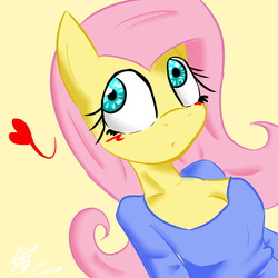 Size: 955x955 | Tagged: safe, artist:yumilaburnum, fluttershy, anthro, g4, blushing, breasts, busty fluttershy, cleavage, female, heart, simple background, solo