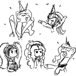 Size: 1200x1200 | Tagged: safe, artist:anticular, adagio dazzle, aria blaze, princess celestia, princess luna, sonata dusk, alicorn, pony, equestria girls, g4, my little pony equestria girls: rainbow rocks, birthday, fanart, female, hat, mare, monochrome, party hat, peytral, present, sketch, the dazzlings