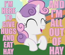 Size: 650x550 | Tagged: safe, edit, screencap, sweetie belle, pony, unicorn, g4, twilight time, caption, cute, diasweetes, eyes closed, female, filly, happy, hug, image macro, leaning, open mouth, solo, they live