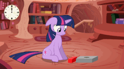 Size: 480x270 | Tagged: safe, twilight sparkle, g4, animated, clock, female, library, square peg in a round hole