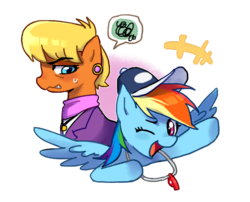Size: 600x485 | Tagged: dead source, safe, artist:baekgup, ms. harshwhinny, rainbow dash, flight to the finish, g4, hat, whistle, whistle necklace, wink