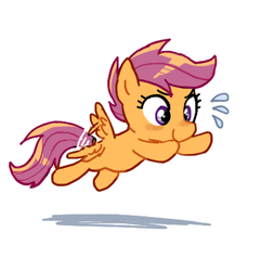 Size: 385x400 | Tagged: dead source, safe, artist:baekgup, scootaloo, pegasus, pony, g4, cute, cutealoo, female, filly, flapping, flapping wings, flying, foal, scootaloo can fly, simple background, solo, sweat, sweatdrop, white background, wings