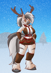 Size: 1275x1800 | Tagged: safe, artist:fetchbeer, oc, oc only, oc:kinky beer, zebra, anthro, antlers, belly button, christmas, hand on hip, midriff, snow, snowfall, solo, unshorn fetlocks