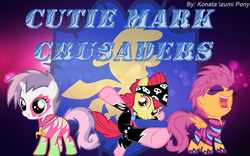 Size: 1280x800 | Tagged: safe, artist:brunoprower500, apple bloom, scootaloo, sweetie belle, g4, cutie mark crusaders, logo, show stopper outfits, wallpaper