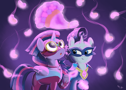 Size: 1400x1000 | Tagged: safe, artist:aa, radiance, rarity, twilight sparkle, alicorn, pony, g4, power ponies (episode), bouquet, female, flower, lesbian, magic, mare, masked matter-horn costume, power ponies, ship:rarilight, shipping, twilight sparkle (alicorn)