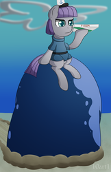 Size: 3300x5100 | Tagged: safe, artist:10art1, boulder (g4), maud pie, earth pony, pony, g4, crossover, female, funny, hat, krusty krab hat, krusty krab pizza, pizza, pizza delivery, rock, solo, spongebob squarepants, water