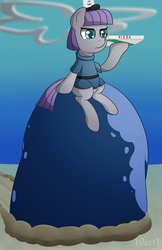 Size: 3300x5100 | Tagged: safe, artist:10art1, boulder (g4), maud pie, earth pony, pony, g4, crossover, female, funny, hat, krusty krab hat, krusty krab pizza, pizza, pizza delivery (spongebob episode), rock, solo, spongebob squarepants, water