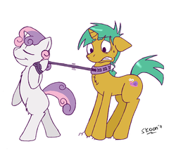 Size: 1091x940 | Tagged: safe, artist:skoon, snails, sweetie belle, pony, g4, bipedal, collar, eyes closed, femdom, leash, pet play