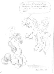 Size: 1206x1626 | Tagged: safe, artist:baron engel, derpy hooves, rarity, oc, pegasus, pony, g4, dialogue, disguise, female, mare, monochrome, non-mlp oc, pencil drawing, ponysuit, story included, traditional art