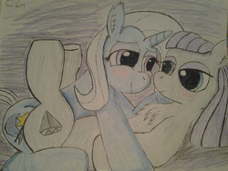 Size: 2048x1536 | Tagged: safe, artist:thecrimsondm, maud pie, trixie, pony, unicorn, g4, female, lesbian, mare, ship:mauxie, shipping, traditional art, wrong cutie mark