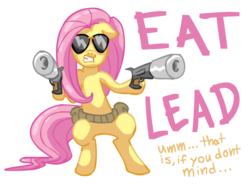 Size: 900x676 | Tagged: safe, artist:anarchianbedlam, fluttershy, pegasus, pony, g4, 12.7mm pistol, badass, bipedal, female, gun, guns akimbo, if that's okay with you, mare, silencer, solo, sunglasses