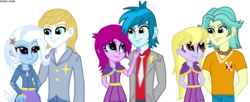 Size: 1400x570 | Tagged: safe, artist:asika-aida, brawly beats, fuchsia blush, lavender lace, prince blueblood, thunderbass, trixie, equestria girls, g4, my little pony equestria girls: rainbow rocks, background human, female, fuchsiabass, lavenderbeats, male, ship:bluetrix, shipping, simple background, straight, transparent background, trixie and the illusions, vector