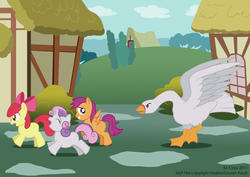 Size: 2480x1754 | Tagged: safe, artist:ks-claw, apple bloom, scootaloo, sweetie belle, goose, g4, animal, cutie mark crusaders