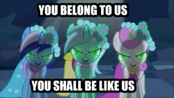 Size: 771x434 | Tagged: safe, edit, edited screencap, screencap, lyra heartstrings, minuette, twinkleshine, cyberman, pony, unicorn, a canterlot wedding, g4, bridesmaid, bridesmaid dress, caption, clothes, doctor who, dress, female, image macro, mare, meme, mind control, nightmare fuel, one of us, possessed, tomb of the cybermen